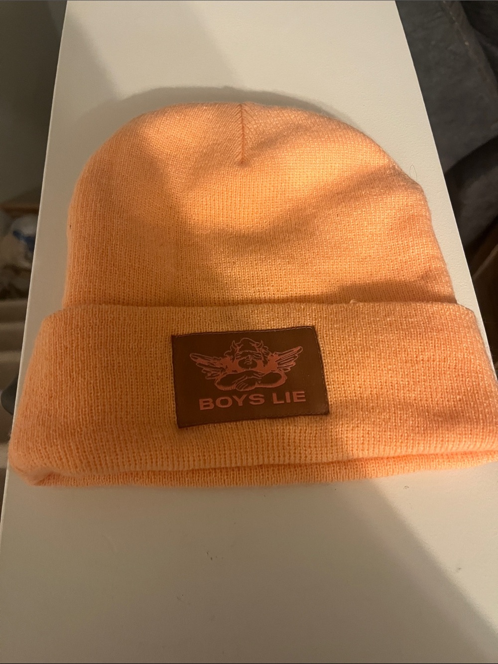 Boys Lie Peach Knit Cuffed Beanie with Leather Logo Patch